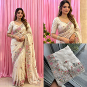 Ivory Tissue Silk Saree – Heavy Embroidered Indian Wedding & Party Wear Saree