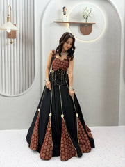 Women’s Lehenga Choli Set, Traditional Indian Ethnic Wear with Gold Print Detailing