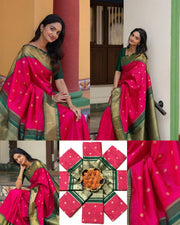 Women Pink and Green Silk Saree with Golden Zari Butti and Contrast Woven Border
