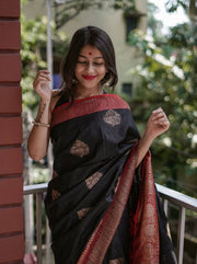 Black Silk Saree for Women with Gold Butti Design and Rich Red Jacquard Zari Border