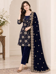 Women’s Navy Blue Embroidered Velvet Kurta Pant Set with Dupatta