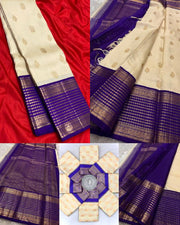 Cream White Silk Saree for Women with Golden Butti and Royal Blue Zari Jacquard Border