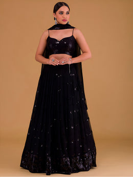 Black Sequin Embroidered Lehenga Choli with Dupatta – Elegant Indian Wedding & Party Wear