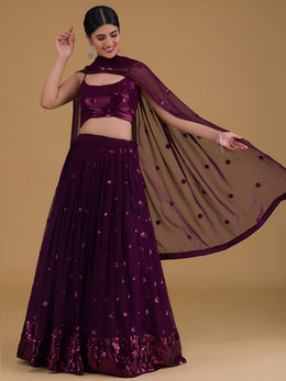 Wine Purple Sequin Embroidered Lehenga Choli with Dupatta – Elegant Wedding & Festive Wear