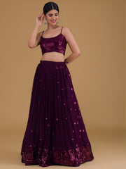 Wine Purple Sequin Embroidered Lehenga Choli with Dupatta – Elegant Wedding & Festive Wear