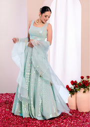 Women’s Mint Green Sequin Embroidered Lehenga Choli with Dupatta, Indian Wedding & Festive Ethnic Wear