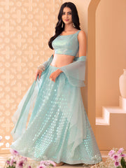 Women’s Mint Green Sequin Embroidered Lehenga Choli with Dupatta, Indian Wedding & Festive Ethnic Wear