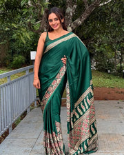 Women’s Ready to Wear Crape Silk Saree, Black Printed Stitched Saree with Red Floral