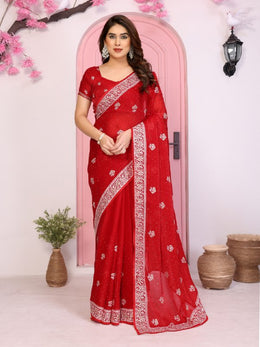 Red Saree for Women with Embroidered Border and Floral Motif Work