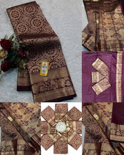 Dark Brown Banarasi Silk Saree for Women with All Over Floral Jacquard Weave