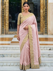 Pastel Pink Kanjivaram Silk Saree – Gold Zari Embroidered Wedding & Bridal Saree