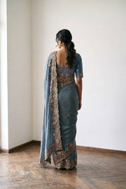 Women’s Blue Embroidered Saree with Floral Border, Elegant Traditional Indian Saree