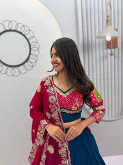 Women’s Navy Blue and Pink Lehenga Choli Set with Dupatta