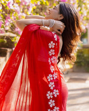 Women’s Red Lightweight Saree with White Floral Border
