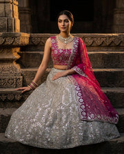 Women’s Magenta Pink & Silver Embroidered Lehenga Choli Set with Dupatta