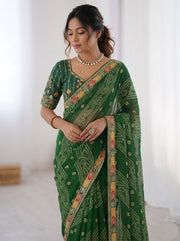 Women’s Green Bandhani Print Saree with Embroidery Work Border