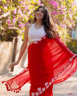 Women’s Red Lightweight Saree with White Floral Border