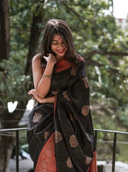Black Silk Saree for Women with Gold Butti Design and Rich Red Jacquard Zari Border
