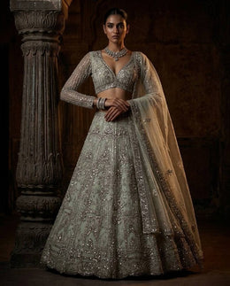 Women’s Sage Green Embroidered Lehenga Choli Set with Dupatta