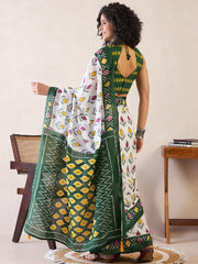 Women’s Ready to Wear Mul Cotton Saree with Pocket, White and Green Printed Saree