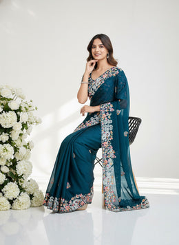 Teal Blue Embroidered Designer Saree – Indian Wedding Guest & Party Wear Saree