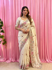 Ivory Tissue Silk Saree – Heavy Embroidered Indian Wedding & Party Wear Saree