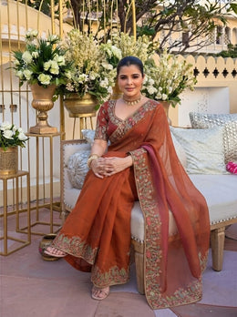 Rust Orange and Off White Embroidered Designer Saree – Indian Wedding Guest & Party Wear Saree