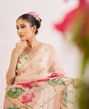 Women’s Ready to Wear Organza Silk Saree, Peach Floral Printed Stitched Saree