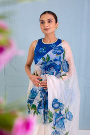 Women’s White Organza Silk Saree with Blue Floral Print