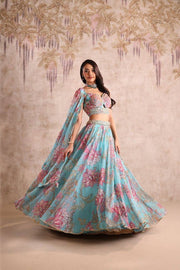 Women’s Turquoise Blue Floral Lehenga Choli with Dupatta