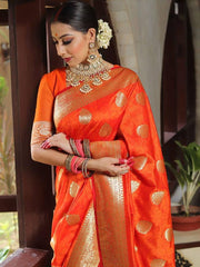 Indian Orange Red Silk Saree for Women with Golden Zari Butti and Rich Woven Border