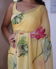 Women’s Ready to Wear Organza Saree, Yellow Floral Printed Stitched Saree