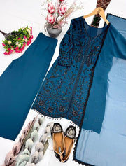 Women’s Embroidered Fandy Silk Suit Set with Dupatta For Traditional look