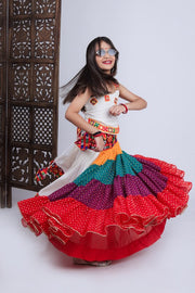 Girls Traditional Multicolor Bandhani Printed Lehenga Choli Set with White Top