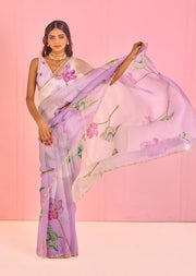 Women’s Ready to Wear Organza Silk Saree, Lavender Floral Printed Stitched Saree