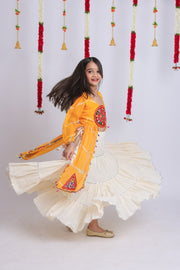 Women Girls Traditional Indian Lehenga Choli Set with Orange Embroidered Long Kurti
