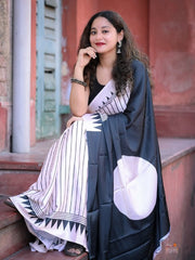 Women’s Ready to Wear Mul Cotton Saree with Pocket, White and Black Printed Stitched Saree