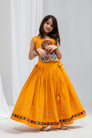 Girls Traditional Indian Lehenga Choli Set, Mustard Yellow Flared Lehenga Skirt
