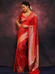 Red Banarasi Silk Saree for Women with All Over Woven Butti Design