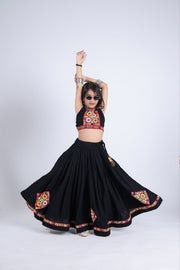 Indian Lehenga Choli Set, Black Flared Lehenga Skirt with Colorful Embroidered Border