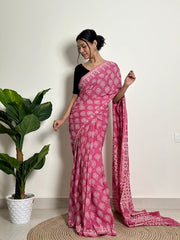 Women’s Ready to Wear Mul Cotton Saree with Pocket, Pink Printed Stitched Saree
