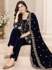 Women’s Navy Blue Embroidered Velvet Kurta Pant Set with Dupatta