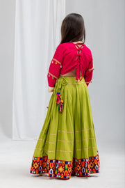 Traditional Indian Lehenga Choli Set with Green Flared Lehenga Skirt, Pink Printed Jacket Top