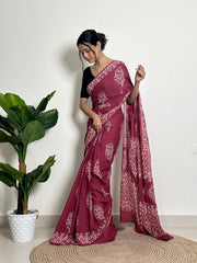 Women’s Ready to Wear Mul Cotton Saree with Pocket, Printed Stitched Saree