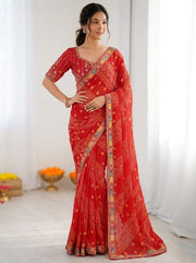 Women’s Green Bandhani Print Saree with Embroidery Work Border