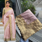 Pastel Pink Kanjivaram Silk Saree – Gold Zari Embroidered Wedding & Bridal Saree