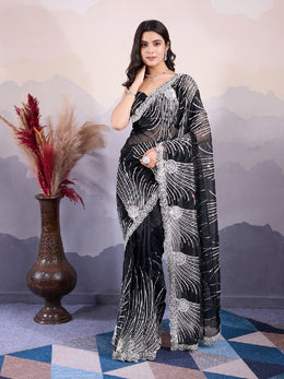 Black Saree for Women with Silver Embroidery Work and Designer Border