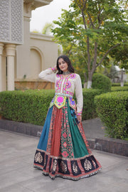 Women’s Black Printed Anarkali Gown with Kutchi Gamthi Embroidery and Mirror Work