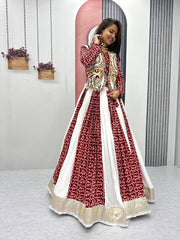 Women’s Maroon and White Anarkali Dress, Traditional Indian Ethnic Wear Lengha Choli
