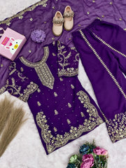 Girls Purple Embroidered Kurta Palazzo Set with Dupatta